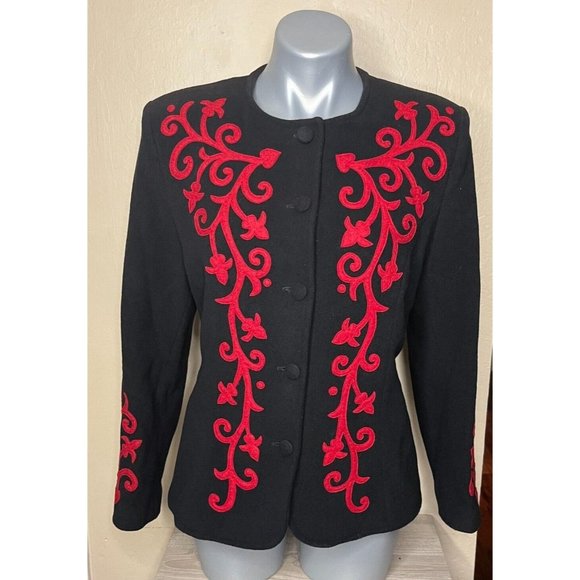 Jacket tailored Collarless Hip length Sz M Wool Blend Black with Red felt Floral - Picture 1 of 16